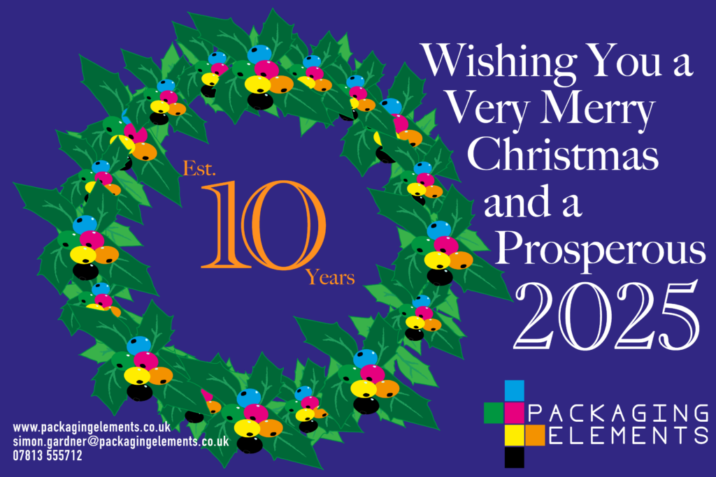 Christmas Card design with a colourful wreath celebrating 10 Years Established and wishing you a very merry Christmas and a prosperous 2025 from Packaging Elements Limited www.packaginelements.co.uk simon.gardner@packagingelements.co.uk 07813 555721  